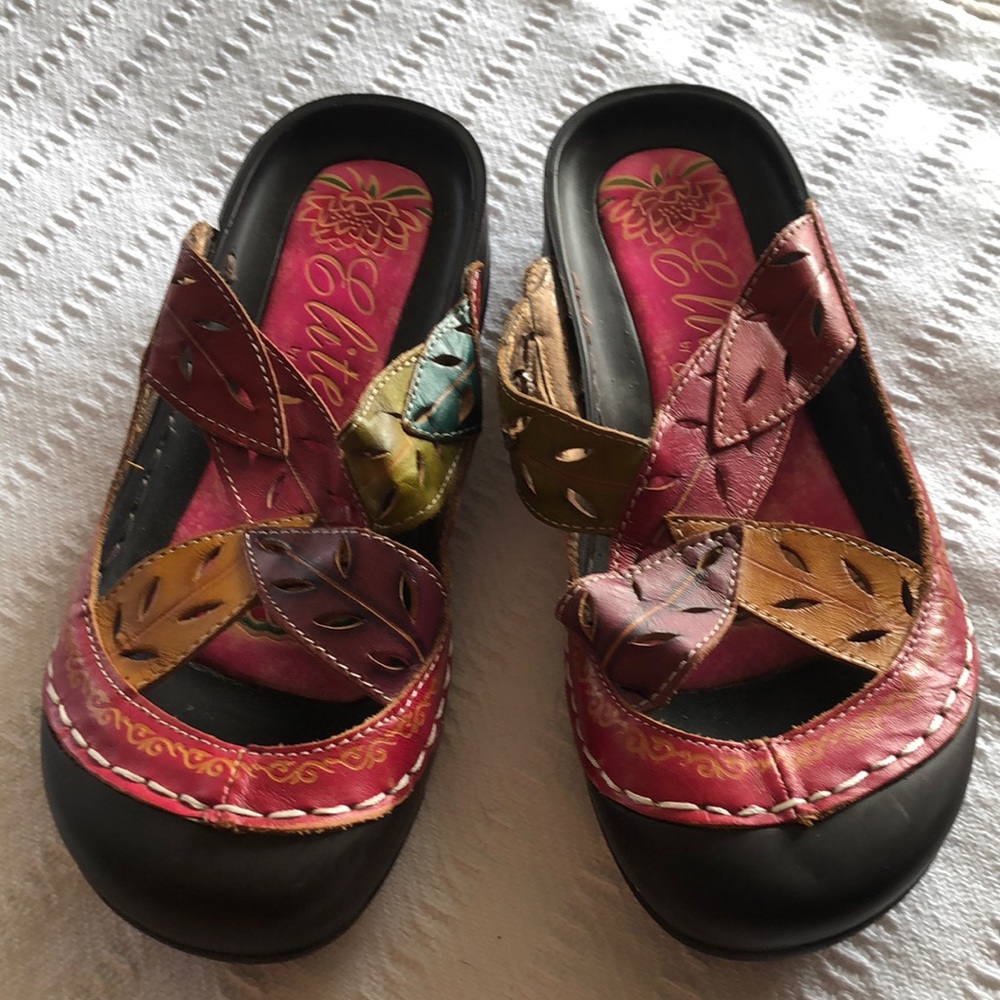 Colorful slide on sandals with toe guards!